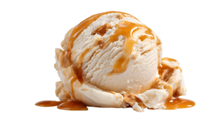 Indulgent scoop of vanilla ice cream drizzled with rich caramel sauce and crunchy cookie pieces Isolated on white background