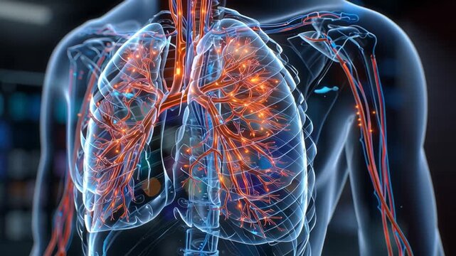 3D rendering of pulmonary system showing upper respiratory and blood vessel networks &ndash; Video 4K UHD 60fps