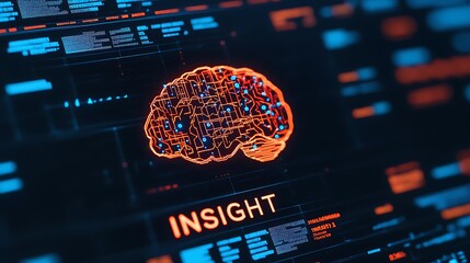 A digital illustration of a brain with circuit patterns, symbolizing insight and technology, set against a dark background with bright blue and orange elements.