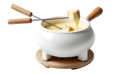 Savor comforting cheese fondue with bread cubes dipped on wooden fondue forks, a delightful culinary experience.Isolated on white background