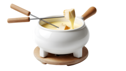 Savor comforting cheese fondue with bread cubes dipped on wooden fondue forks, a delightful culinary experience.Isolated on white background