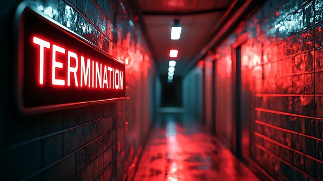A dimly lit corridor with a glowing red sign reading "TERMINATION," creating an ominous and futuristic atmosphere.