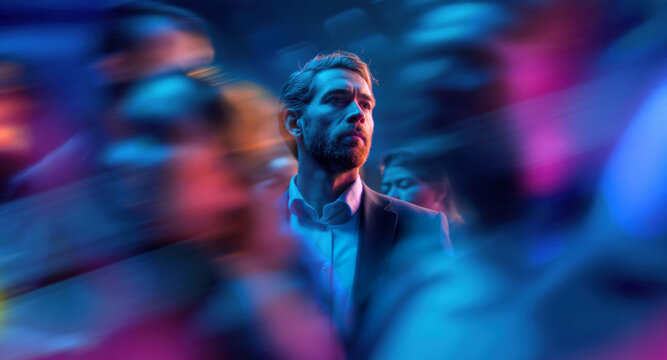 Confident male executive surrounded by blue and pink motion blur of diverse business people in modern urban setting