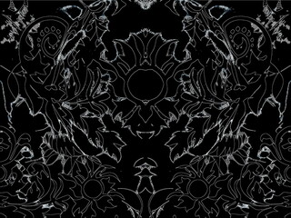 The design is intricate and ornate, resembling traditional damask or wrought-iron scrollwork. It's mirrored both horizontally and vertically, creating a central axis and repeating motifs