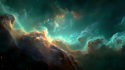 Fototapeta premium Teal and Gold Cosmic Nebula in Deep Space