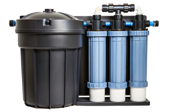 Home water purification system with three filter cartridges isolated with transparent background