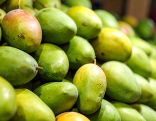 Close-up of many green and yellow mangos