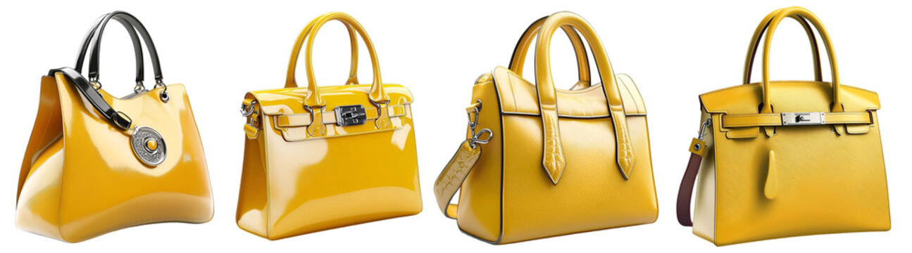 Set of yellow luxury handbags realistic leather fashion purses isolated on white background

