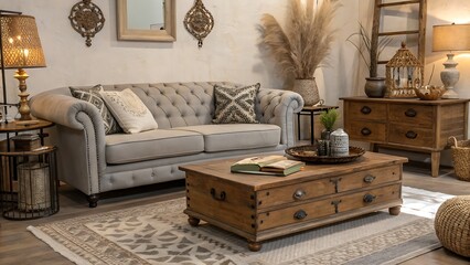 The stylish boho compostion at living room interior with design gray sofa, wooden coffee table, commode and elegant personal accessories