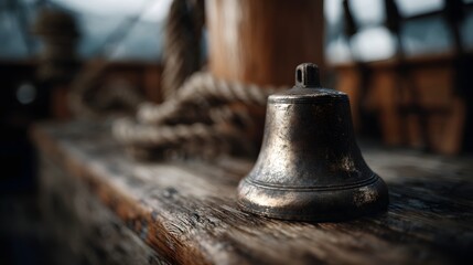 Old brass bell on wooden ship deck