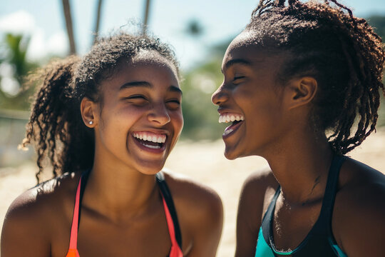 Generative AI image of friends enjoying beach volleyball game in summer outdoors with net and active sporty mood