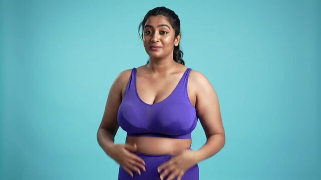 A confident, plus-size Indian woman in a vibrant purple sports bra and leggings smiles and gestures excitedly.