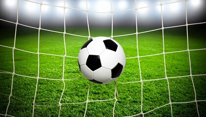 High-resolution image of a soccer ball perfectly in the goal net, set against a vibrant green field with clean, soft shadows, capturing the essence of triumph in sport.