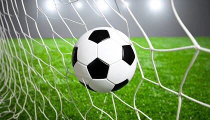 Fototapeta premium A classic soccer ball finds its home in the back of the goal net, vividly presented against a lush green grass background under stadium lights, symbolizing triumph and a winning moment.