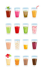 Assortment of colorful fruit juices and smoothies in glasses