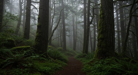 Obraz premium Nature wallpaper. Walking Path Through a Foggy Forest with Lush Greenery