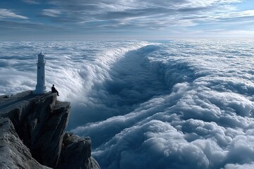 Lone figure sitting by a lighthouse on a cliff above a sea of clouds