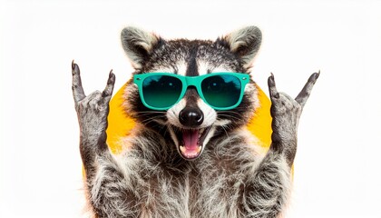 Funny Raccoon Rocks Out in Green Sunglasses on White