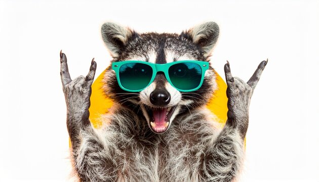 Funny Raccoon Rocks Out in Green Sunglasses on White