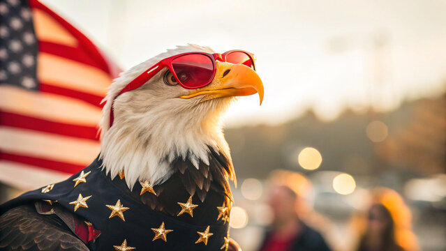 Cool Bald Eagle in Red Shades and Star Outfit Celebrating USA Spirit