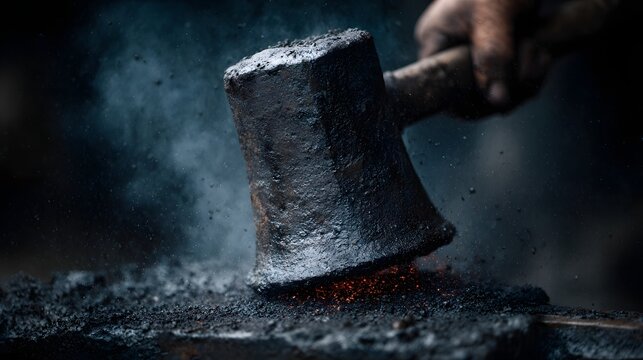 Blacksmith forging a large metal bell with intense industrial lighting