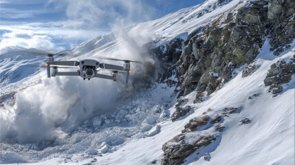 A drone hovers closely above the icy landscape, scanning avalanche debris in the remote mountain pass
