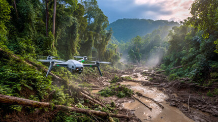 A rescue drone is actively scanning the landslide zone deep in the rainforest, maneuvering through the muddy terrain and investigating fallen trees under diffused daylight