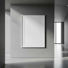 A white framed blank canvas hangs on a gray wall in a modern, minimalist hallway with sunlight.