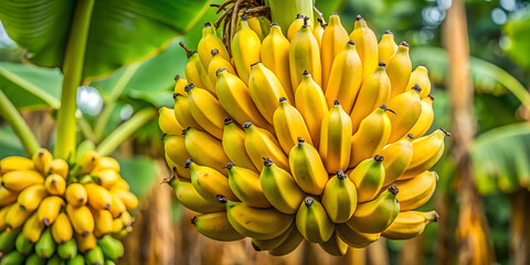 Naklejka premium A vibrant bunch of ripe yellow bananas hanging from a tree, a healthy and sweet tropical fruit, rich in vitamins and nutrients, growing in a natural environment