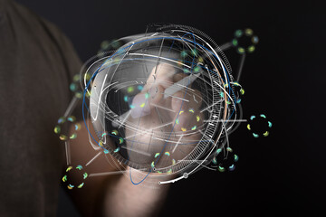 Hand interacting with a holographic globe, showcasing advanced technology and global connectivity.