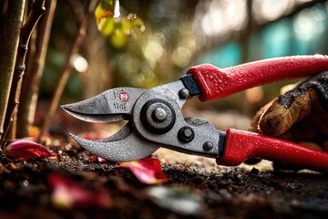 Red-handled pruning shears with dew drops on soil and fallen petals.