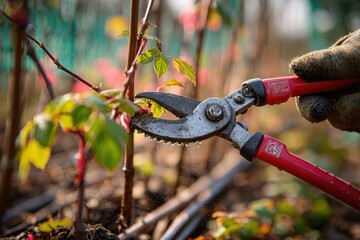 Close-up of gloved hand pruning a plant with vibrant red gardening shears.