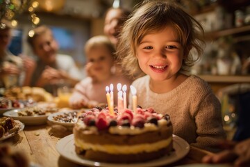 Little girl smiling at birthday cake with lit candles during family celebration
