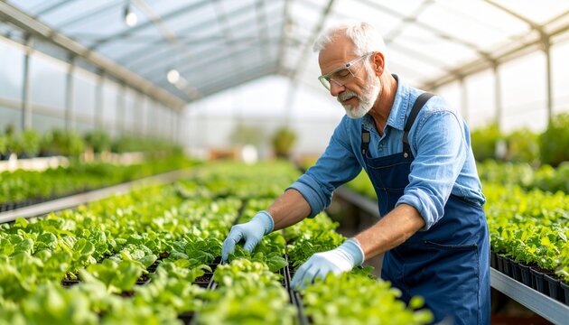 Dedicated senior man with a beard and glasses lovingly tending to fresh green saplings in a bright, modern greenhouse