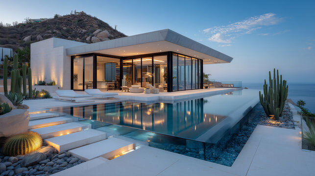 Luxury Villa with Infinity Pool at Twilight in Cabo San Lucas Mexico
