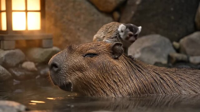 Capybara and small primate relaxing together