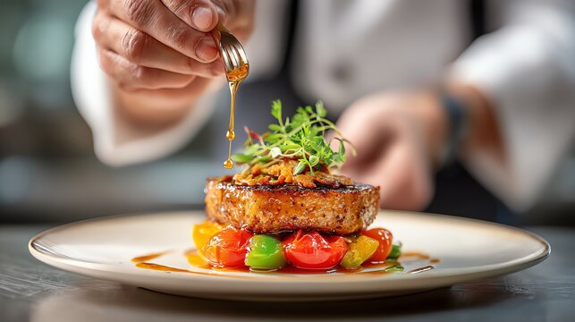 chef plating colorful vegan entree in professional kitchen motion blur