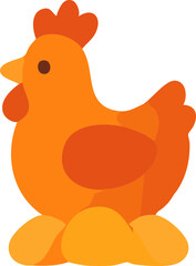 A cute flat-style orange chicken sitting on a nest of yellow eggs, illustrated in a playful and simple design.