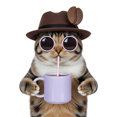 Whimsical tabby cat wearing a brown fedora hat and round sunglasses drinks from a purple mug with a straw isolated on transparent background
