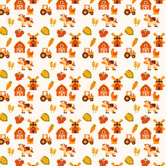 Obraz premium A seamless repeating pattern with farm-themed cartoon icons including barns, cows, chickens, tractors, windmills, vegetables, and grains on a light background.