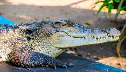Fototapeta premium Close-up profile view of a crocodile resting on a dark surface