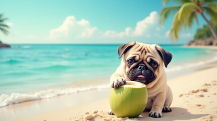 Playful pug enjoys coconut on tropical beach sunny ocean view relaxing vibe pet photography