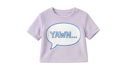 Light purple t shirt with a speech bubble saying yawn yawn yawn isolated on transparent background