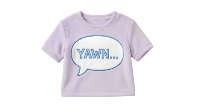 Light purple t shirt with a speech bubble saying yawn yawn yawn isolated on transparent background