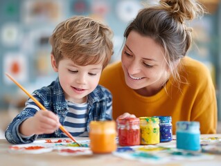 mother helping child paint art at home corner, creative bonding moment