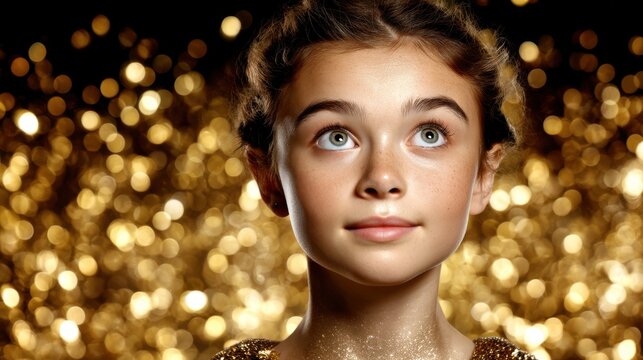 Woman with bright blue eyes and curly hair gazing upward against a golden bokeh background