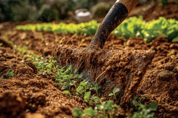 A close-up view of a garden hoe cultivating rich soil among young green plants.