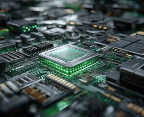 Fototapeta premium Close-up of a central processing unit (CPU) on a complex circuit board. Green lights illuminate the CPU