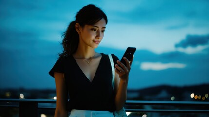Woman using smartphone outdoors during evening with a cityscape background