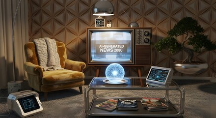 Retro Television Airing AI News from 2080 – Vintage Furniture Meets Chrome Futuristic Tech